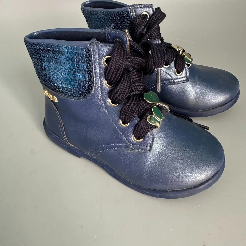 Pablosky Girls Metallic Navy‎ Blue Sequin Lace Up Ankle Boots Butterfly Charms
